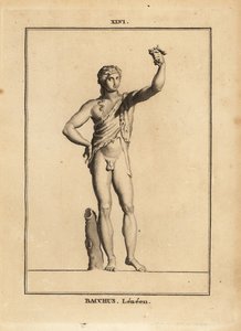 Statue des Bacchus Lenaios, römischer Weingott, nackt bis auf ein Löwenfell, drückt eine Traube von Unbekannt