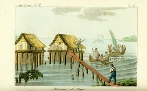 Pfahlbauten im Ozean auf der Insel Rawak, Papua-Neuguinea von Unbekannt