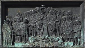 Straßburg, Basrelief der Skulptur von Gutenberg. Europa
