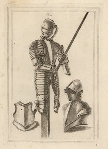 Turnierrüstung mit großem Schutz und Lanzenhalter aus dem Tower of London 1, Helm und großer Schutz 2, Bruststück eines Kürasses 3 von Unbekannt