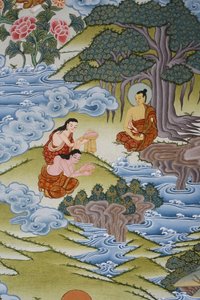 Sujata gibt Buddha Milchreis. Thangka, Bhaktapur, Nepal