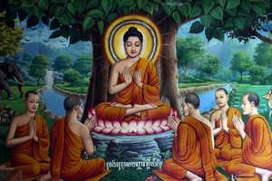 Tempelfresko, das Buddha mit Jüngern darstellt. Kambodscha