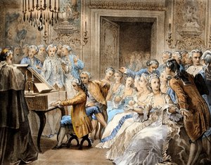 Der österreichische Komponist Wolfgang Amadeus Mozart (1756-1791) im Alter von 14 Jahren, wie er Gregorio Allegris „Miserere“ aus dem Gedächtnis nachspielt