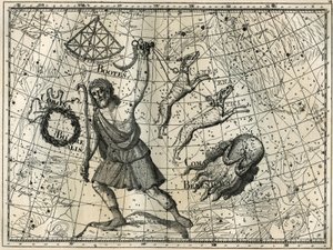 Der Bogen, die Boreale Krone, die Jagdhunde, Berenikes Haar. Gravur aus Camille Flammarions „Les étoiles et les autres curiosités du ciel“ von Unbekannt
