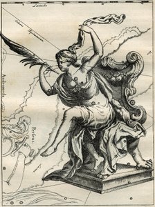Die Kassiopeia des Atlas von Hevelius (1690): Kassiopeia, Frau des äthiopischen Königs Kepheus, sitzend auf einem mit Palmen geschmückten Sessel. Gravur aus „Les étoiles et les autres curiosités du ciel“ von Camille Flammarion von Unbekannt