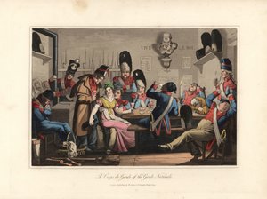 Die Nationalgarden in den Wachen, trinken mit der Kantiniere, Spirituosenhändler und spielen Karten, rauchen die Pfeife, einige schlafen - Radierung nach einer Illustration von Victor Auver, aus Un tour durch Paris, veröffentlicht von William Sams. von Unbekannter Künstler