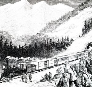 Die Pazifik-Eisenbahn in den Sierra Nevada-Bergen von Unbekannt