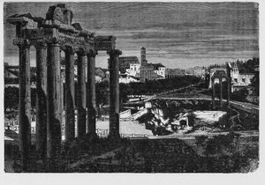 Das Forum Romanum umgeben von den Ruinen mehrerer wichtiger antiker Regierungsgebäude im Zentrum der Stadt Rom. Die Bürger der antiken Stadt nannten diesen Raum, ursprünglich ein Marktplatz, das Forum Magnum oder einfach das Forum. von Unbekannt