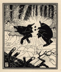 Der Baron sprengt einen Schwarzbären mit zwei Feuersteinen. Illustration von William Strang (1859-1921) und JB Clark aus „Die Abenteuer des Baron von Münchhausen“ von Rudolf Erich Raspe (1736-1794) (1789)