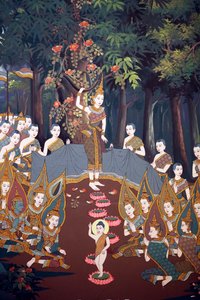 Die Geburt des Säuglings Siddhartha, Wandfresko, Wat Botum Tempel, Phnom Penh, 2022