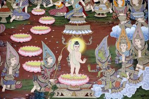 Die Geburt des Säuglings Siddhartha, Wandfresko, Wat Maniratanaram Kloster, Phnom Penh, 2022