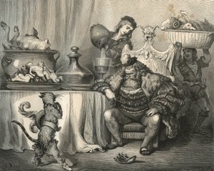 Der gestiefelte Kater trifft den Oger. Gravur von Gustave Doré (1832-1883) aus „Les contes“ von Charles Perrault (1628-1703)