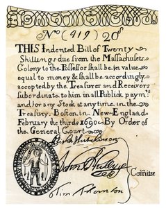 Die erste amerikanische Banknote im Wert von 20 Schilling, ausgegeben vom General Court der Boston Colony (Massachusetts, USA) im Jahr 1690. Kupferstich, 19. Jahrhundert