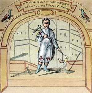Der Fossor oder Totengräber Diogenes als Wandmalerei in der St. Marcellino Kirche in der Via Labicana in Rom, Italien, 1920er Jahre von Unbekannter Künstler