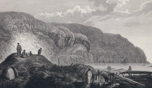 Die Bewohner von Oonalashka (oder Unalaska, Alaska, USA) und ihre Häuser. Kupferstich Ende des 18. Jahrhunderts, nach John Webber (1751-1793).
