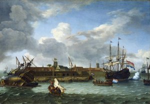 Die Insel Onrust vor der Küste von Batavia (heute Jakarta, Indonesien), ausgestattet mit allen notwendigen Infrastrukturen für kommerzielle Aktivitäten und die Wartung der Schiffe der Niederländischen Ostindien-Kompanie
