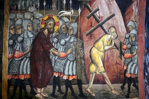 Die Passion Christi Simon trägt das Kreuz Byzantinisches Fresko aus dem Agios Ioannis Lampadistis Kloster, Heiliger Johannes Lampadistis 11. Jahrhundert Zypern Bemalte Kirchen UNESCO-Stätte Troodos, Zypern