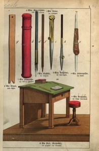 Die Werkzeuge der Schule: das Lineal, die Federn und ihr Etui, der Zirkel, der Bleistift und der Bleistiftspitzer. Tafel aus einem deutsch-französischen Kinderwörterbuch