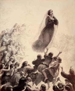 Die Geister der Seligen begleiten mit ausgestreckten Armen und Gesang Marias Rückkehr ins Empyreum. Illustration des Canto XXIII in Paradiso aus der Göttlichen Komödie von Dante Alighieri. Werk von Francesco Scaramuzza, gewidmet der Gemeinde Florenz