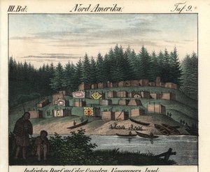 Das Dorf der Holzhäuser, gemalt von Indianern auf Vancouver Island, Kanada. Lithographie aus dem Buch: „Galerie complète en tableaux fidèles des peuples d