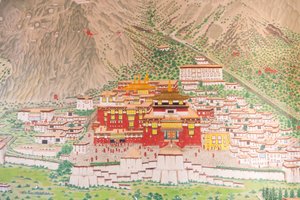 Tibetischer Buddhismus; Hauptkloster der Karma-Kagyu-Linie; Tsurphu in Tibet; Wandgemälde am Eingang zum Rumtek-Kloster in der Nähe von Gangtok; Sikkim; Himalaya; Indien; Südasien; Asien