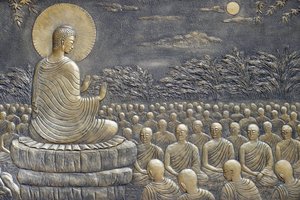 Tinh Xa Ngoc Chau buddhistischer Tempel, Das Leben des Buddha, Siddhartha Gautama, Buddha mit Jüngern, lehrend, Der Buddha ermahnte seine ersten sechzig Arahant-Jünger, in verschiedene Richtungen zu gehen, um die Lehre zu predigen, Chau Doc, Vietnam, 2018 
