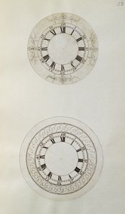 Zwei Entwürfe für große Emaille-Uhrzifferblätter, aus mechanischen Notizen und Zeichnungen von John Harrison (1693-1776) und seinem Sohn William (ca. 1726-72)