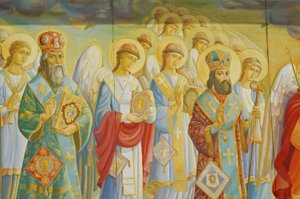 Ukraine, Kiew, St. Michaels Orthodoxes Kloster (ursprünglich 1108, rekonstruiert 2001), äußeres Fresko