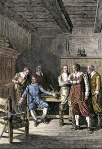 Vereinigte Staaten, Massachusetts: Streit zwischen John Winthrop (1588-1649) und Thomas Dudley (1576-1653) in der Massachusetts Bay Colony. Farbgravur aus dem 19. Jahrhundert