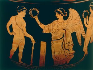 Vase, Dekoration zeigt einen Athleten, der mit einem Olivenzweig gekrönt wird, Detail