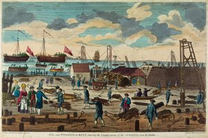Ansicht in der Nähe von Woolwich, Kent, England, die den Einsatz von Kräften zum Bau von Pontons (entwaffnete Schiffe, die als schwimmende Gefängnisse verwendet werden) darstellt. von Unbekannter Künstler