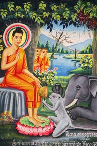 Wandmalerei in Wat Pitchey Udong: Szene aus dem Leben des Buddha, Buddha wird von einem Affen gefüttert, während er fastet, Kampot, Kambodscha