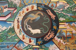 Rad des Lebens oder Rad des Samsara (Mandala): Hahn, Schlange und Schwein. Kopan-Kloster, Kathmandu, Nepal