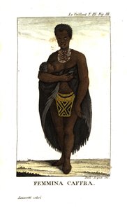 Junge San-Frau, die ein Kind stillt, Südafrika. Sie trägt einen Umhang, Halsketten und einen Perlenrock. Von Francois Le Vaillant