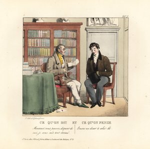 Junger Herr im Arbeitszimmer eines Beraters, der einen Brief liest. Er sagt: Ich stehe Ihnen ganz zur Verfügung. Er denkt: Ein weiteres kostenloses Abendessen! Handkolorierte Lithographie der Gebrüder Gihaut nach einer Illustration des Schweizer Künstlers 