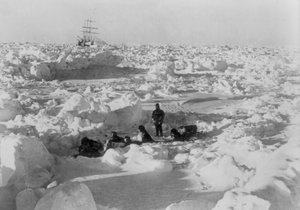 Imperial Trans-Antarctic Expedition: Besatzungsmitglied zusammengebunden sitzend auf einer Eisscholle, um 1914-17