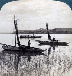 Fischerboote kehren bei Sonnenuntergang nach Yokohama zurück, Japan, 1904