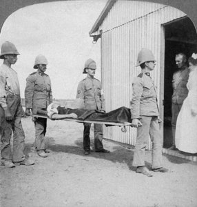 Verwundeter Füsilier nach dem tapferen Stand der Buren nahe dem Oranje-Fluss, Südafrika, Burenkrieg, 1900
