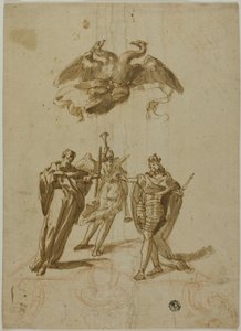 Allegorisches Thema: Zweiköpfiger kaiserlicher Adler auf Wolken; Am Boden eine drapierte Figur, ein König und eine Figur des Ruhms