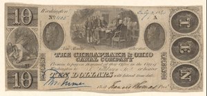 Banknote über 10 $ ausgestellt von der Chesapeake and Ohio Company mit Vignette von Trumbull