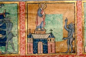 Detail aus einem Psalter, Versuchung Christi, wahrscheinlich in Canterbury illuminiert, um 1140