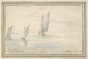 Fünf Boote segeln auf einem Fluss