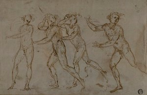 Vier laufende männliche Nackte (recto); Heilige Familie mit dem kleinen Johannes dem Täufer (verso) von Unknown
