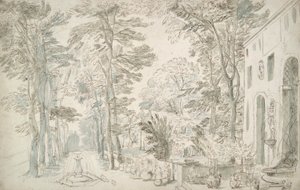 Garten mit Brunnen und Topfsträuchern