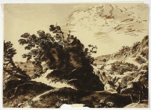 Hügelige Landschaft mit Figur im Vordergrund