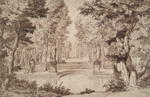 Imaginäre Ansicht eines Parks mit Statuen und Paaren
