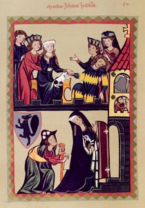 Meister Johannes Hadloub, Illustration aus einer Faksimile des Manesse Codex oder Große Heidelberger Liederhandschrift, erstellt in Zürich ca. 1305-40