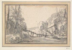 Gebirgige Landschaft mit Holzbrücke von Unknown