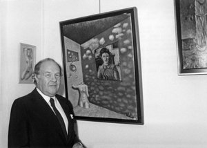Pierre Velly alias Pierre De Varga vor einer seiner Leinwände bei der Eröffnung seiner Ausstellung in der Galerie 3000, 11. April 1986