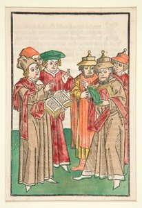 Drei christliche und drei jüdische Gelehrte im Streit, Illustration aus Der Seelen-Wurzgarten